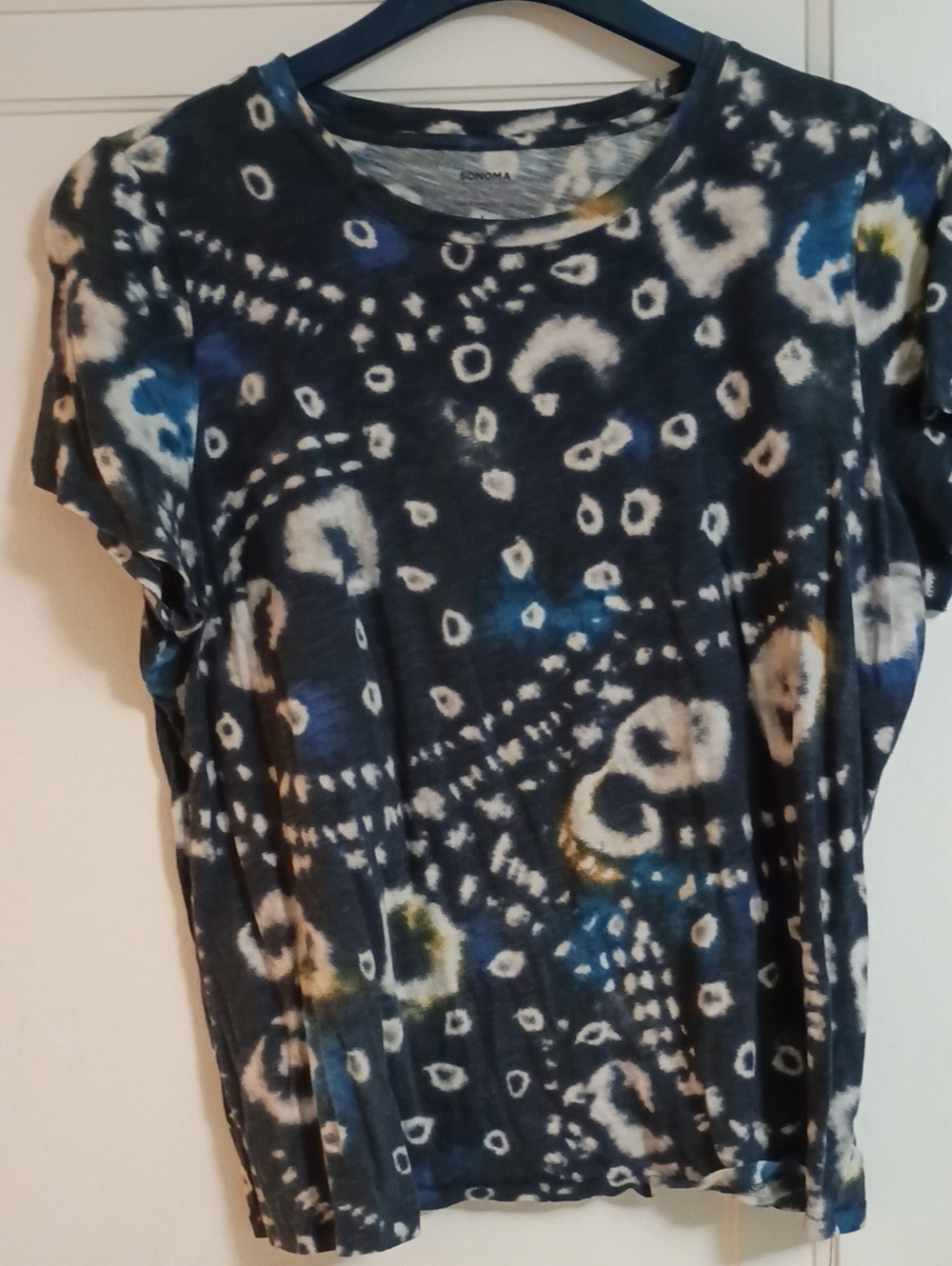 Sonoma Black and White Tie-Dye Short Sleeve Tee with Blue & Yellow Accents